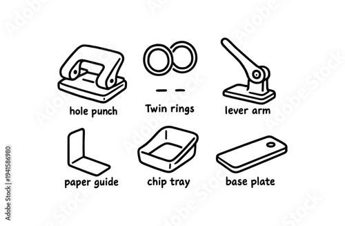 Six black outline icons with labels showing a hole punch, twin rings, lever arm, paper guide, chip tray, and base plate — made for an assembly guide or parts list.