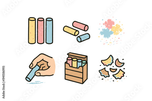pastel chalk sticks, a handful of chalk, splattered chalk dust, a hand drawing with a blue stick, a wooden box holding chalk, and broken chalk fragments, 