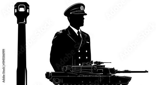 Military Officer Silhouette with Tank and Cannon - Symbol of Power and Defense