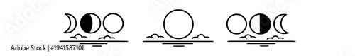 Three black line horizon icons: waxing and waning moon phases over a horizon and a central sun rising for time or lunar calendar use.