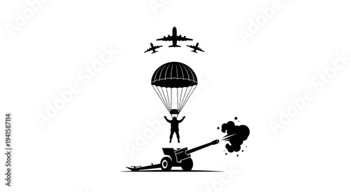 Military Paratrooper Jumping From Plane With Artillery Gun Firing
