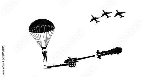 Military Paratrooper Descends Near Artillery Gun with Airplanes Flying Overhead