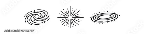 Simple black line icons of a spiral galaxy, radiating starburst, and tilted ring galaxy for astronomy or sci-fi graphics.