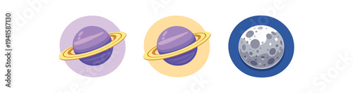Colorful space illustrations showing a purple planet with yellow rings in two color backgrounds and a detailed cratered moon; playful flat style for stickers, apps, or children’s designs.