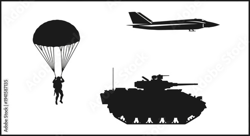 Military Paratrooper, Fighter Jet, and Armored Tank Silhouettes - Military Power Concept