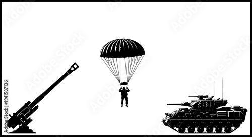 Military Paratrooper, Artillery Gun, and Armored Tank Silhouette on White Background