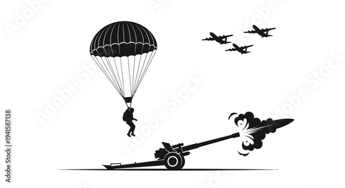 Military Paratrooper Jumps From Plane While Cannon Fires, Airplanes Fly Overhead