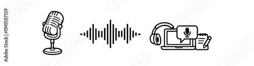 three black line icons — a classic microphone, an audio waveform, and a podcast/recording setup with laptop and headphones, for podcast or audio apps