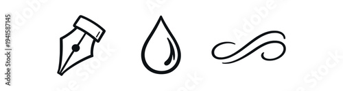 Three minimal black outline icons in a row: a fountain pen nib, a teardrop-shaped ink drop, and a flowing decorative swirl, suitable for ui, stationery, or branding.