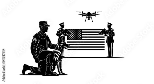 Military Personnel and K9 Unit with Drone and American Flag