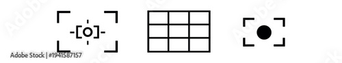 three black line icons — a camera focus frame, a rectangular grid, and a framed target dot, useful for layout, grid and camera controls
