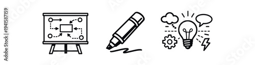  an easel presentation board with flow arrows, a thick marker making a stroke, and a lightbulb surrounded by idea clouds and gears, good for business, planning, or creativity visuals.