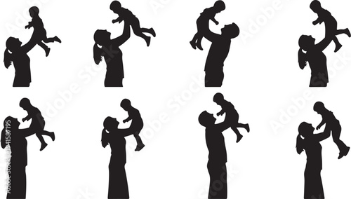 Silhouettes of parents holding and lifting happy little children