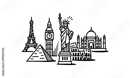 Famous global landmarks grouped together including eiffel tower, big ben, statue of liberty, taj mahal, colosseum and pyramid for travel banner or background flat vector illustration