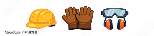 Colorful safety icons showing a yellow construction helmet, brown protective gloves, and goggles paired with orange earmuffs — ideal for safety guides, posters, or training materials.