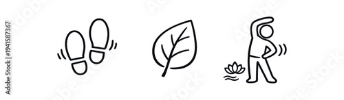 Black outline icons of footsteps, a simple leaf, and a person stretching by a small lotus—useful for fitness, eco walks, and light exercise guides.