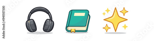 Three colorful icons: black headphones, teal book with bookmark, and golden sparkle star for education or media app use.