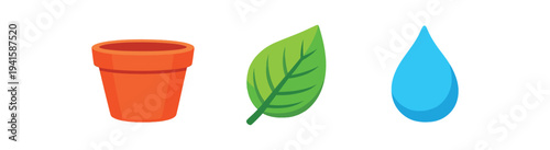 Gardening icon set showing an empty terracotta pot, fresh green leaf, and water droplet for plant care or nature designs.