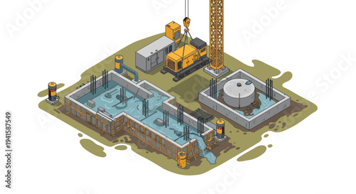 Construction Site Foundation Building Process with Crane and Excavator.