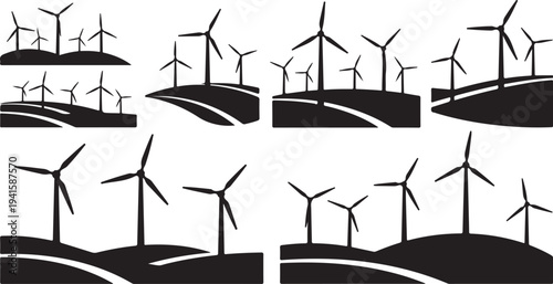 Wind Turbines on Hills Silhouette Vector Illustration Set
