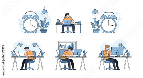 Illustrations depicting the struggle of working late hours and exhaustion in an office environment with alarm clocks.