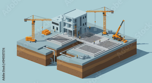 Construction site with cranes and building in progress.