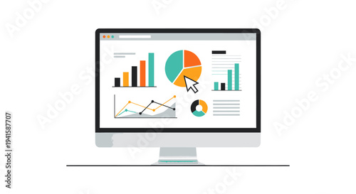 Modern computer monitor displaying a business analytics dashboard with colorful charts graphs and a cursor pointing at a pie chart.