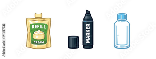 Three product-related flat icons: a cream refill pouch, a marker with cap, and a clear empty bottle — suitable for packaging, labeling, and refill station graphics.