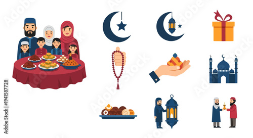 Collection of Islamic holiday celebration icons featuring family mosque crescent and traditional elements.