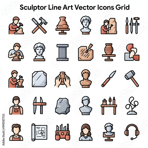 Sculptor Illustration Carving Statue in Studio Isolated on White Background