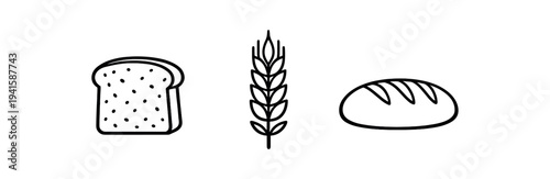 Clean black line icons of a slice of bread, a wheat ear, and a whole loaf useful for bakery labels, recipe cards, food packaging, or ingredient callouts.