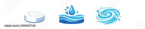 Three blue-themed flat icons: a soap bar, a droplet above stylized waves, and a sparkling water swirl — ideal for hygiene, bath, or detergent graphics.