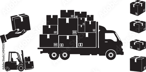 Logistics and transportation of goods with truck and forklift