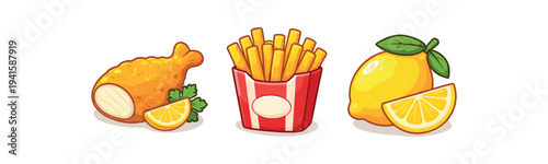 Bright flat illustrations of a fried chicken drumstick with lemon, a striped carton of french fries, and whole and sliced lemons — ideal for fast food, menu, or snack promotions.