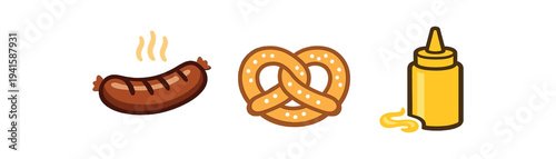 Playful food icons showing a steaming grilled sausage, a salted pretzel, and a yellow mustard bottle — ideal for festival, menu, or snack-themed designs.