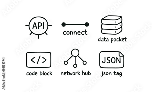  api badge, connect dots, stacked data packet, code block, network hub, and a json file tag — suited for developer docs, ui, and tech presentations.