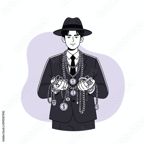 Man dressed in a black suit and hat holding multiple gold chains with various pendants in a vector graphic illustration of success and wealth.