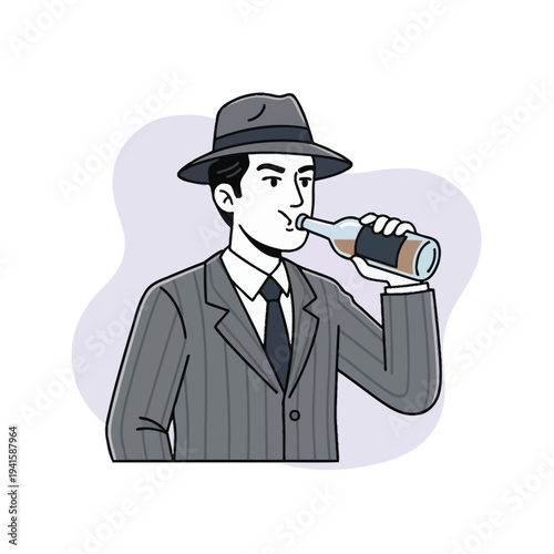 Vintage style vector illustration of a sharp dressed man in a pinstripe suit and fedora hat discreetly drinking from a dark glass bottle refreshment