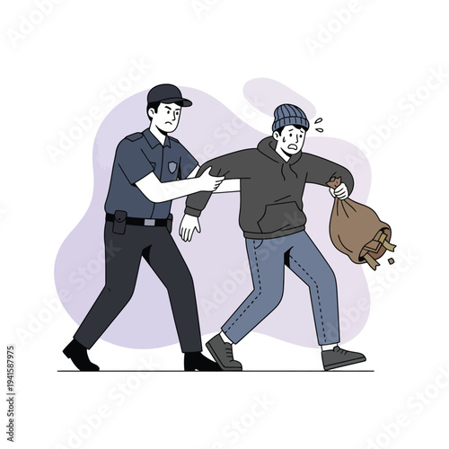 Vector illustration depicting a uniformed police officer apprehending a nervous thief who is desperately clutching a large sack overflowing with stolen currency notes during an arrest.