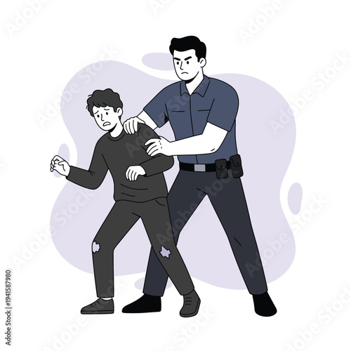 Vector graphic illustration depicting a stern police officer firmly apprehending a scared young male suspect with torn clothing during an arrest situation.