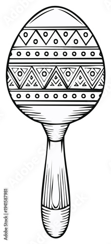 Illustration of a black and white maraca with ornamental designs for musical instruments.