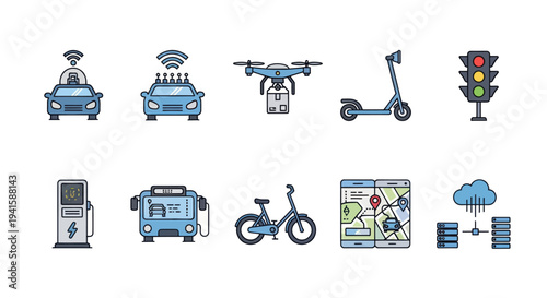A collection of colorful icons representing smart mobility future transportation and urban technology.