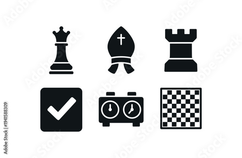 Monochrome icons of chess elements including a queen piece, bishop mitre, rook tower, checkmark box, analog chess clock and square chessboard for game interfaces and rule sheets.