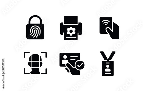 Six black access and identity icons including fingerprint padlock, settings printer, contactless card, facial recognition frame, id approval and employee badge for security interfaces.