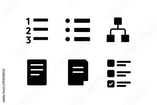 Clean black icons for document and list controls including a numbered list, bulleted list, hierarchical flowchart, single document, duplicate document and checklist layout for apps and web interfaces.
