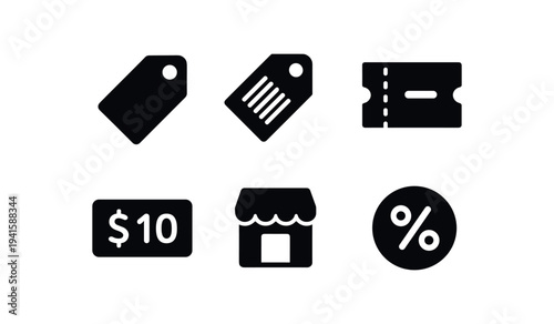 Six commerce icons in black including blank price tags, ticket stub, ten dollar card, storefront and percentage circle for product pages and marketing materials.