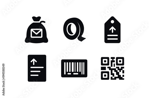 A set of black silhouette icons showing a mail bag, tape roll, shipping tag, address label, barcode, and qr code useful for packaging, shipping, and postal interfaces.