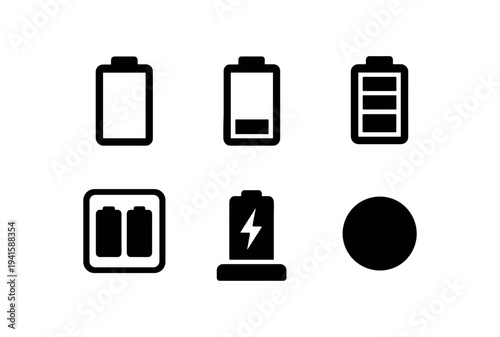 A set of clean black battery and power icons including empty battery outline, low battery, multi-level charge, dual cells symbol, charging stand, and power indicator dot for electronics and apps.