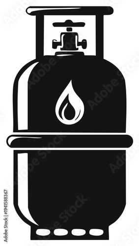 Black and white illustration of a domestic gas cylinder with a flame symbol and valve