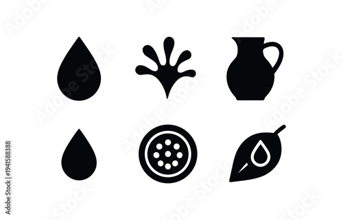 flat black solid icon items isolated on white background: blue drop splash water jug dew bead sink drain wet leaf